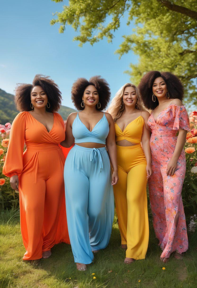 A diverse group of confident women celebrating their curves in a vibrant outdoor setting, surrounded by colorful flowers and soft sunlight. They’re wearing stylish, flowing outfits that highlight their body positivity, with smiles and joyful expressions. The scene conveys a sense of empowerment and inclusivity, emphasizing various body shapes and sizes. The background features a clear blue sky and soft, pastel colors for a cheerful atmosphere. vibrant colors. super-realistic.