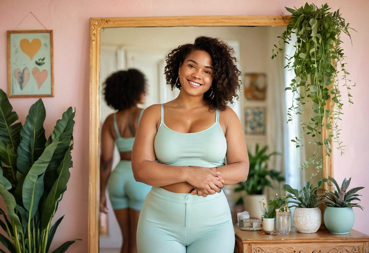 A confident woman standing in front of a mirror, smiling as she embraces her femininity. The mirror reflects her diverse body shape, surrounded by symbols of sexual health like plants and empowering quotes. Soft pastel colors create a warm, inviting atmosphere, and gentle light highlights her figure. Celebrate the theme of body positivity and self-love. soft-focus, vibrant colors, serene background.