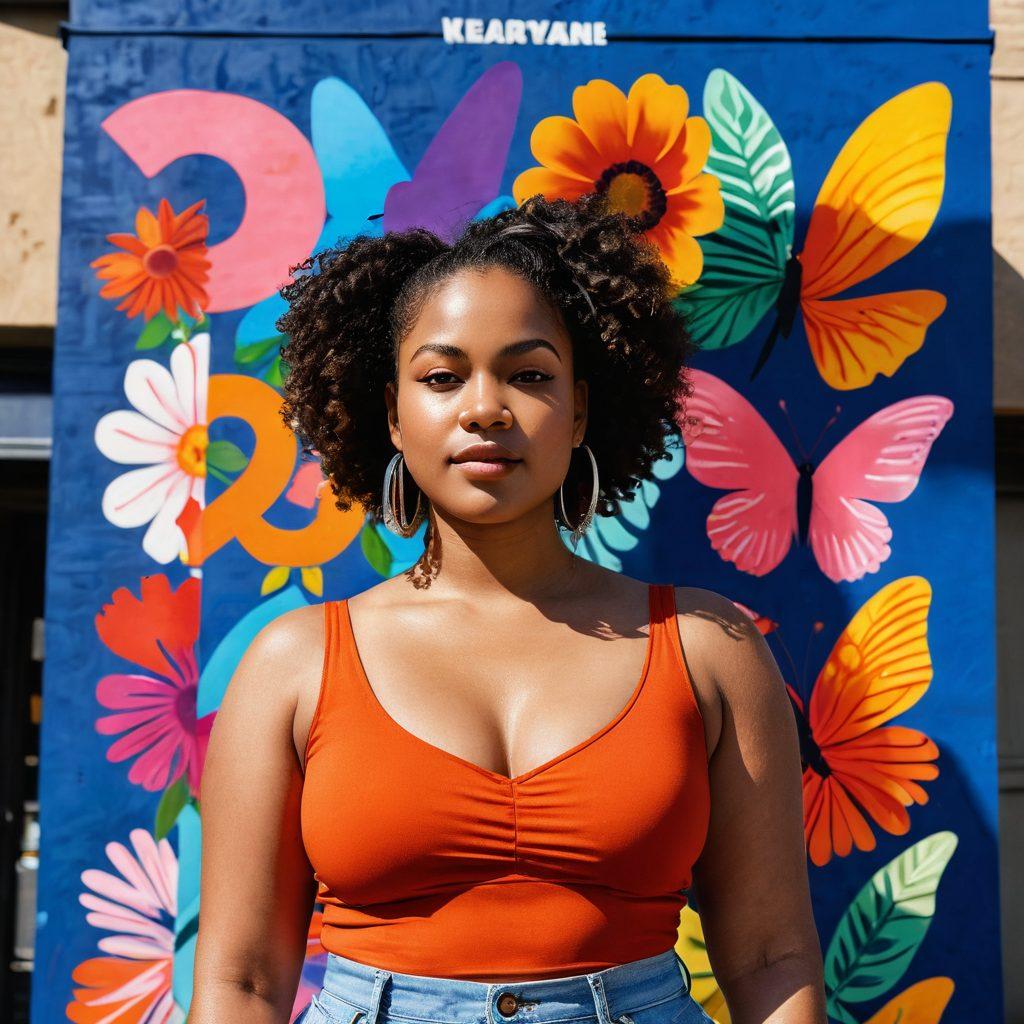 A confident woman of diverse ethnic backgrounds standing tall in a vibrant, sunlit urban setting, showcasing her unique style and natural beauty. Surround her with empowering words like 'Strength', 'Beauty', and 'Confidence' in artistic fonts. Include elements representing body positivity, such as flowers and butterflies, symbolizing growth and transformation. The atmosphere should be warm and inviting, promoting self-love and acceptance. super-realistic. vibrant colors. 3D.